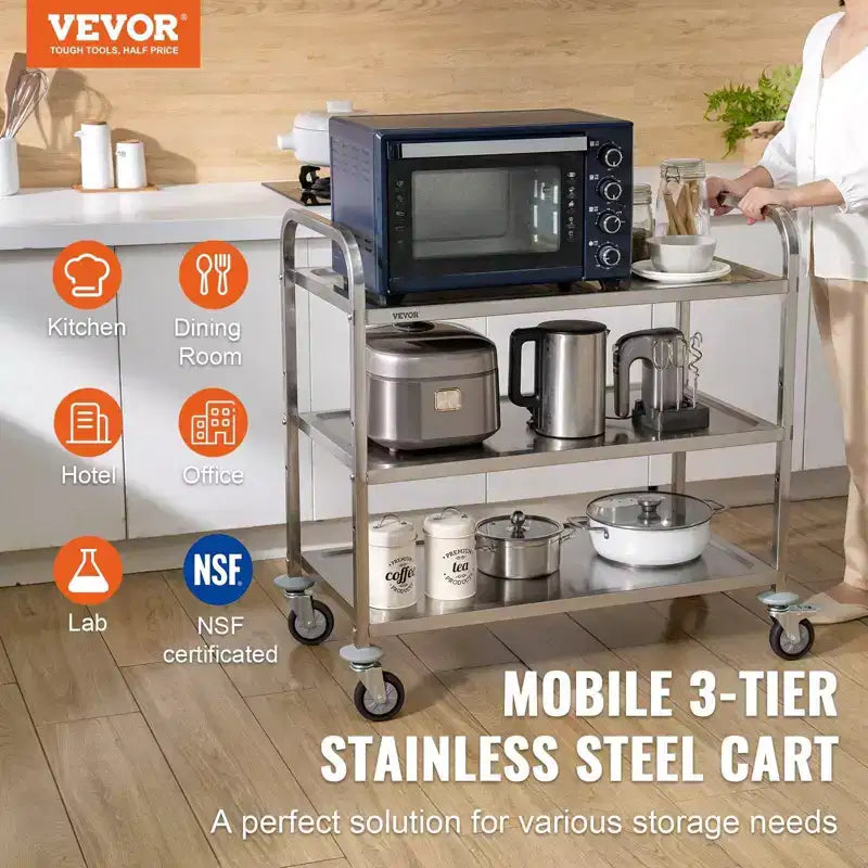 VIYET 3-Tier Wire Rolling Kitchen Utility Cart,450LBS Capacity, 80mm Basket with PP Liner, 6 Hooks & Curved Handle for Indoor Outdoor