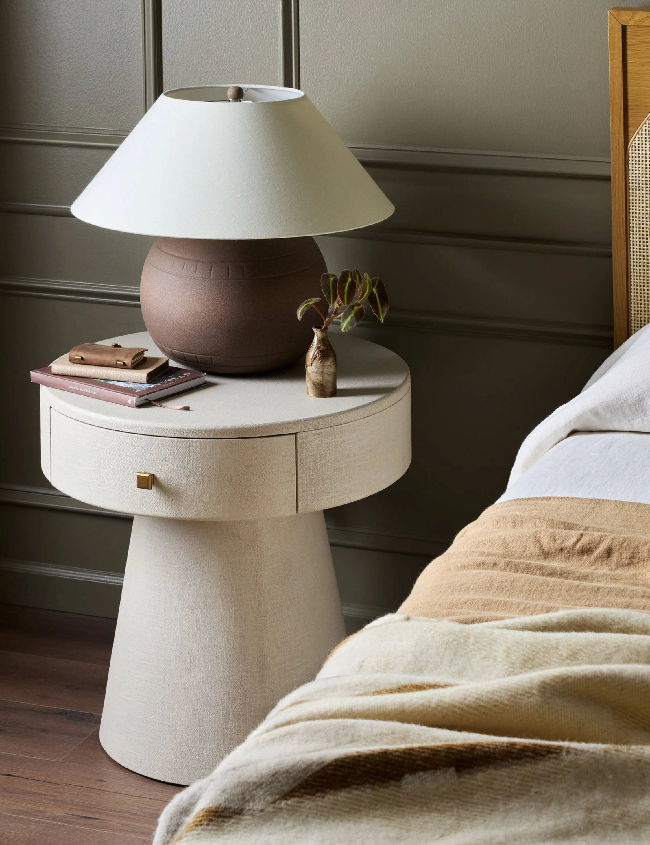 Nightstand - With its chic silhouette and painted linen wrap, the nightstand offers charm with a modern edge