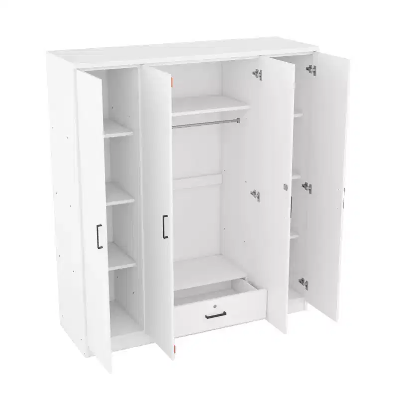 Armoire-penderie en bois à 4 portes avec tringle, 1 tiroir et étagères de rangement
