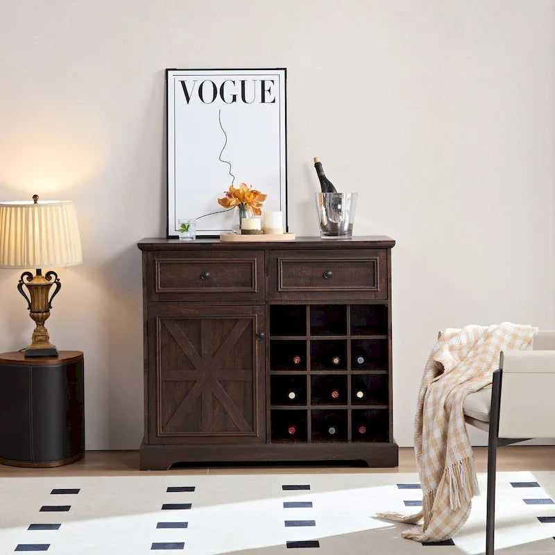 Farmhouse Buffet Cabinet with Storage Sideboard with 2 Drawers, Wine Bar Cabinet with Removable Wine Racks Storage Shelves