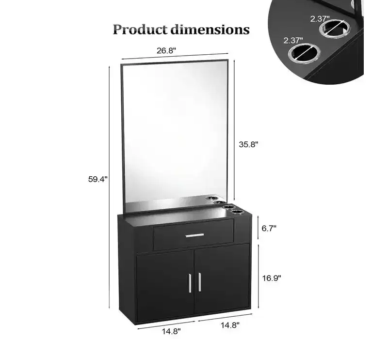 Karl Home Wall Mount Salon Station with Mirror, Hair Styling Barber Station, Black