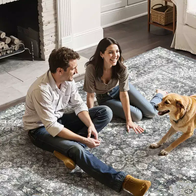 VEVOR Area Rug, 8 x 10 ft Large Washable Rug, Non-Slip and Tear-Resistant Soft Carpet, Pet Friendly Vintage Area Rugs, Indoor Mat for Bedroom, Gray