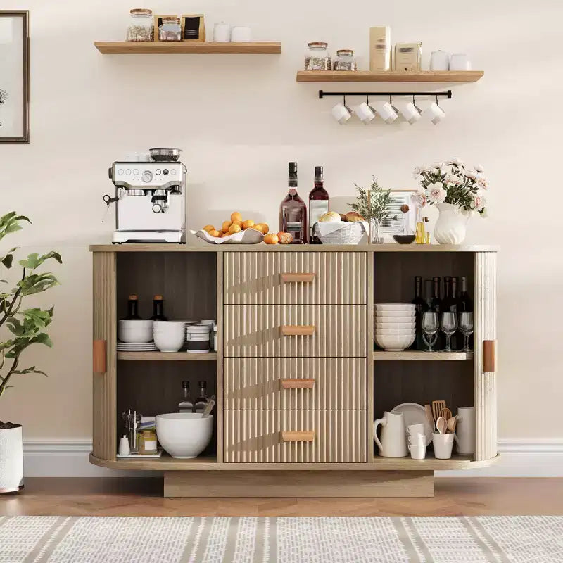 47'' Sideboard Buffet Cabinet with Storage,Fluted Coffee Bar Cabinet with 4 Drawers & 2 Sliding Doors,Wood Buffet Table for Kitchen, Living Room