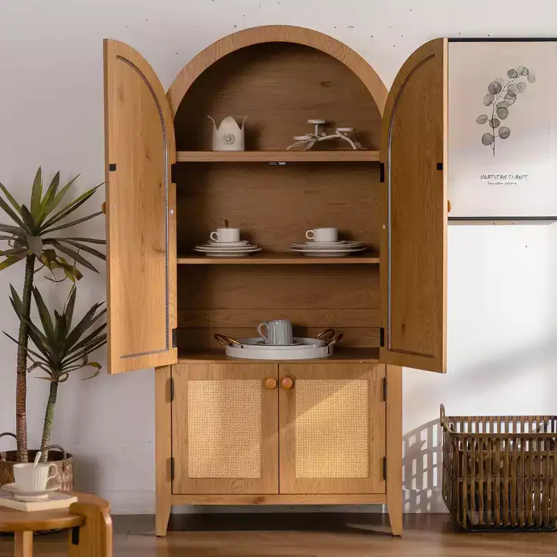 GDFStudio Akira Modern Arched Wood Pantry Cabinet with Rattan Doors