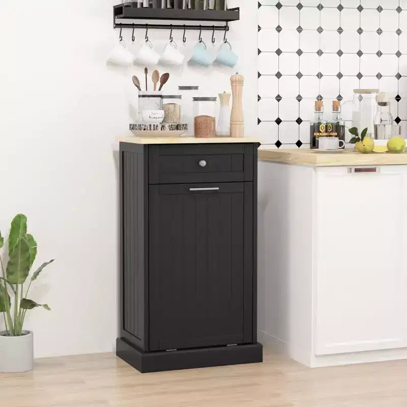 HOMCOM Kitchen Tilt Out Trash Bin Cabinet Free Standing Recycling Cabinet Trash Can Holder With Drawer