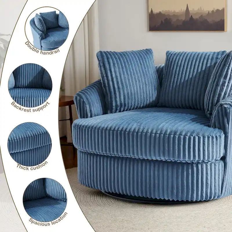 Fauteuil pivotant surdimensionné 43 W en velours côtelé pelucheux avec accoudoirs encastrés