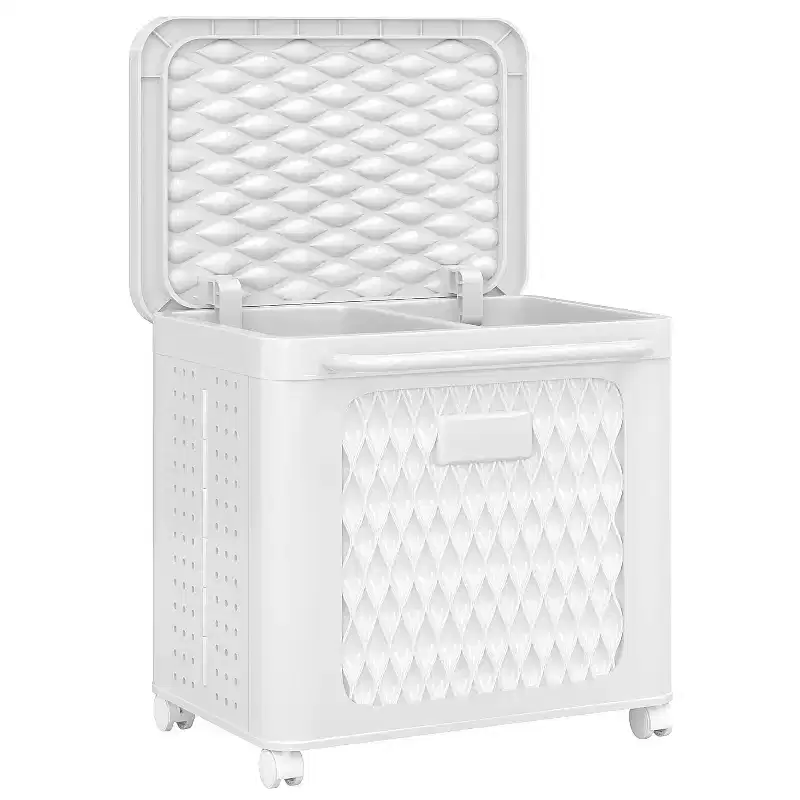 Laundry Hamper with Wheels & Lid, Plastic Laundry Basket with Handle, Rolling Laundry Bin for Laundry Room or Bathroom, White