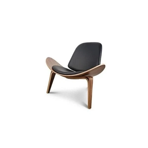 Mid-Century Shell Lounge Chair, Black Upholstered Seat with Wood Frame, Modern Accent Chair