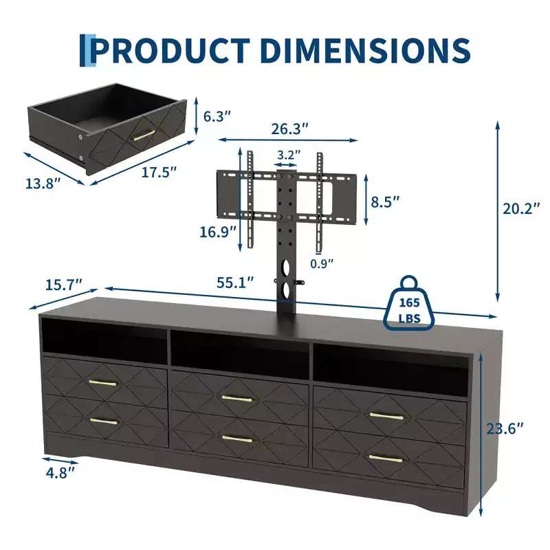 Wood TV Dresser with Height Adjustable Mount for 32-80 TVs, 6-Drawer Storage Entertainment Center, Media Console Table for Living Room & Bedroom