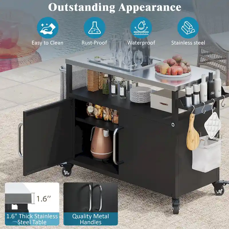 Îlot de cuisine extérieure avec plateau en acier inoxydable, chariot de barbecue en métal avec meuble de rangement - Non applicable