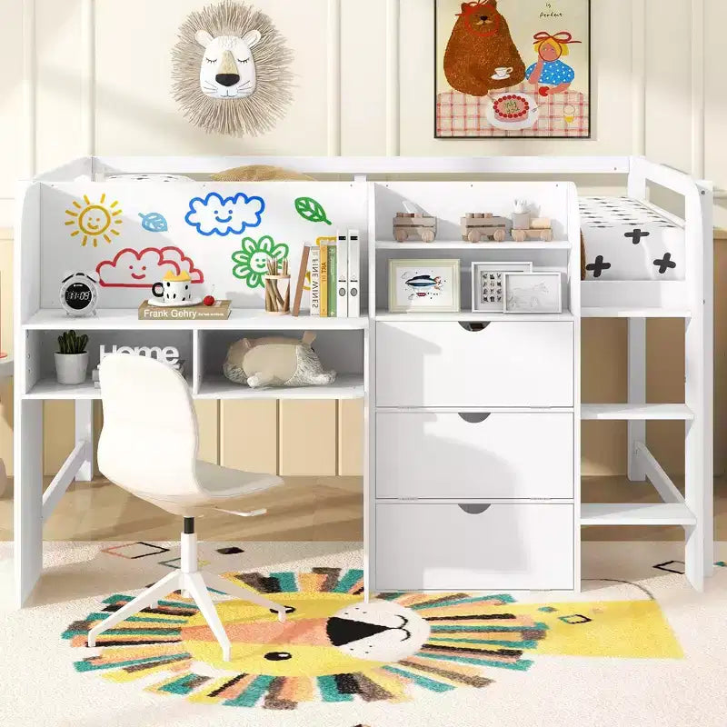 Full Size Low Loft Bed with Built-in Desk,Storage Cabinets and Open Bookcase,Whiteboard for Graffiti,White Full Size Low Loft Bed with Built-in Desk