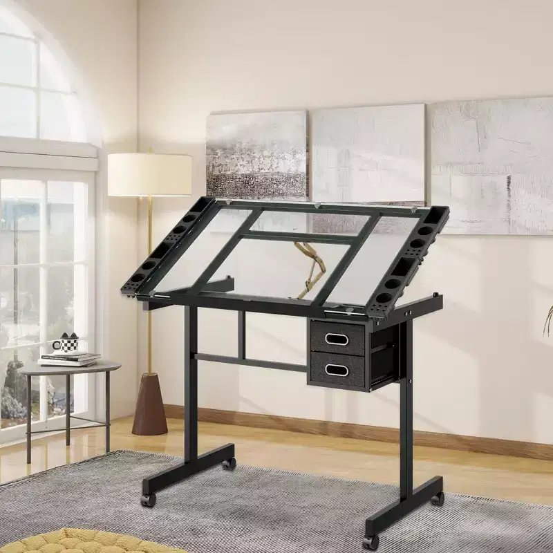 Magdalena Modern Metal Adjustable Drafting Desk with Tempered Glass, 2 Fabric Drawers and 4 Wheels