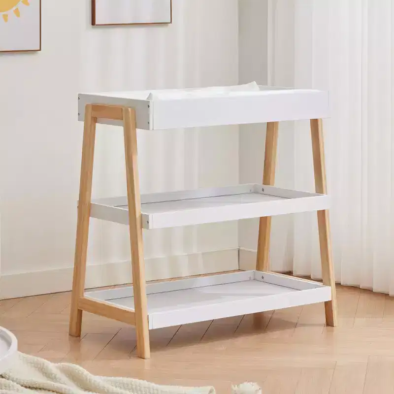Portable Baby Changing Station C White & Wood, with Waterproof Pad & 2 Storage Shelves for Newborns & Infants