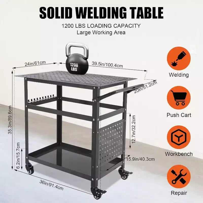 Acekool Portable Rolling Welding Table 36x24 Steel Top with Pegboard, 5/8-Inch Holes, Tool Slots, Storage Shelf, 1200LB Capacity, Orange