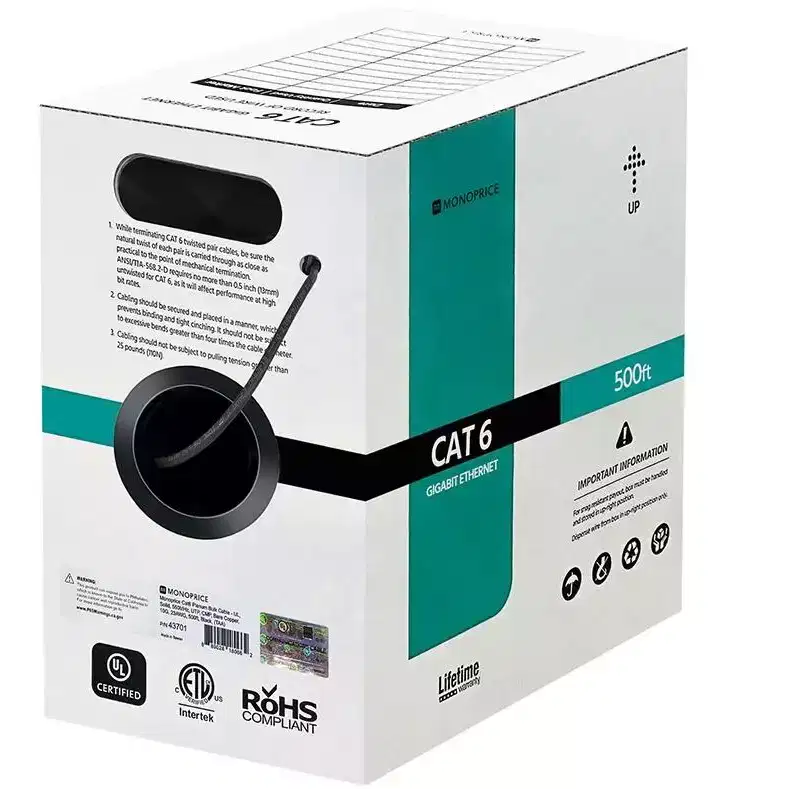 Monoprice Cat6 Plenum Bulk Cable - 500 Feet - Black | UL, Solid, 550MHz, UTP, CMP, Bare Copper, 10G, 23AWG (TAA) For Networking, LAN, Modems, Routers