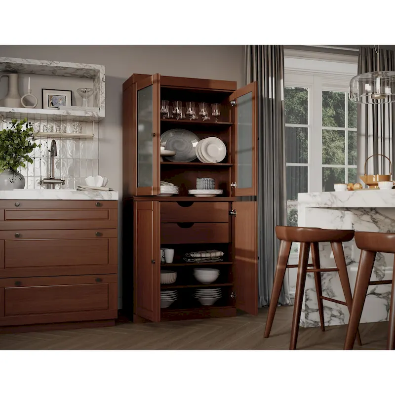 Armoire de rangement 100 % bois massif avec portes en verre dépoli, portes pleines, 2 tiroirs et étagères réglables.