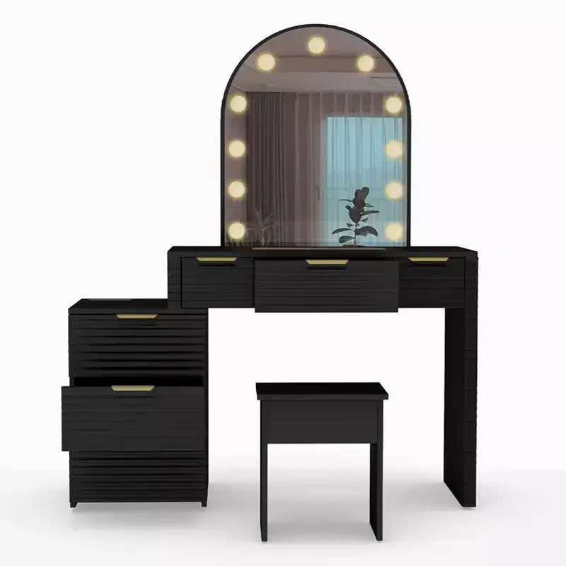 AEELLEEA Makeup Vanity Desk with Mirror Lights Glass Tabletop Vanity Table Modern Makeup Desk with Drawers for Bedroom Black US Plug