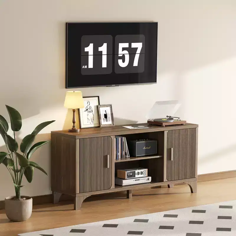 Mid Century TV Stand for 65 Inch TV with Soft Close Doors, Walnut Finish