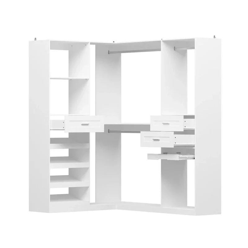 Armoire d'angle avec 2 tringles, un porte-pantalons et un meuble de rangement pour chaussures