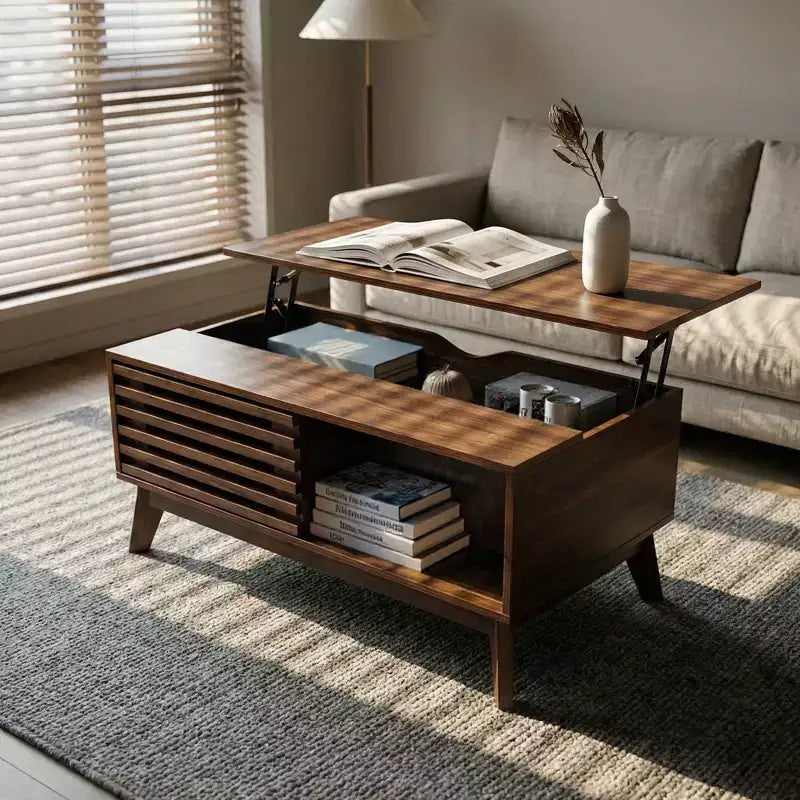 GDFStudio Bogdan Modern Wooden Lift Top Coffee Table with Slatted Sliding Door and Hidden Storage