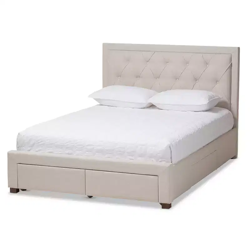 Modern and Contemporary Fabric Upholstered Storage Bed with Button-Tufted Headboard and Drawers
