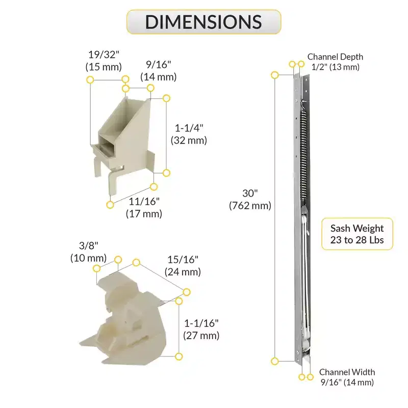 Brixwell Aluminium Window Channel Balance 30 Length, 23 to 28 lbs Sash Weight With Top Sash Guide 1-1/4 Height, Bottom Guide 1-1/16 Height