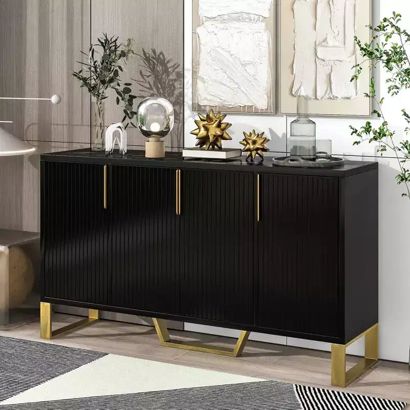 JVNOXK Modern four-door sideboard with metal handles and legs, adjustable shelves, kitchen cabinet with storage space, suitable for kitchens, black