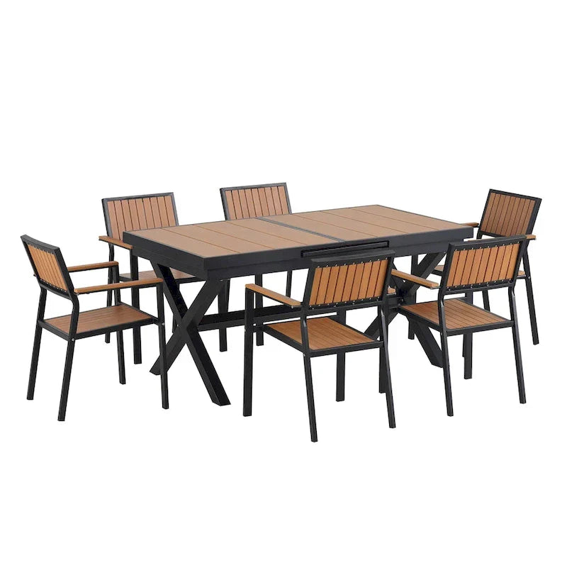 7-Piece Outdoor Extendable Dining Set with Extendable Table and 6 Armrest Chair