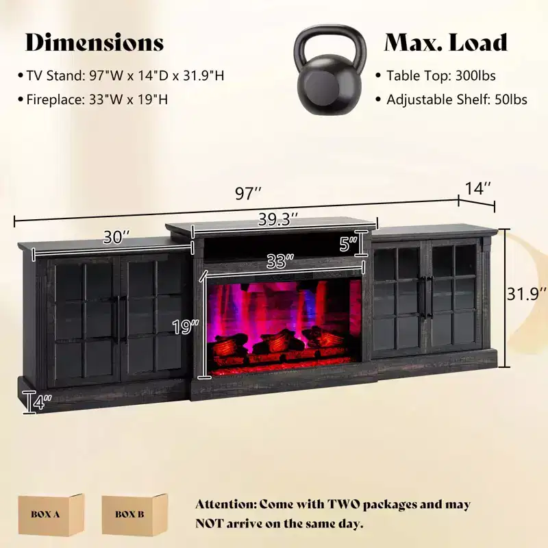 AMERLIFE Fireplace TV Stand, 97, Adjustable Shelf, Large Storage, Media Console