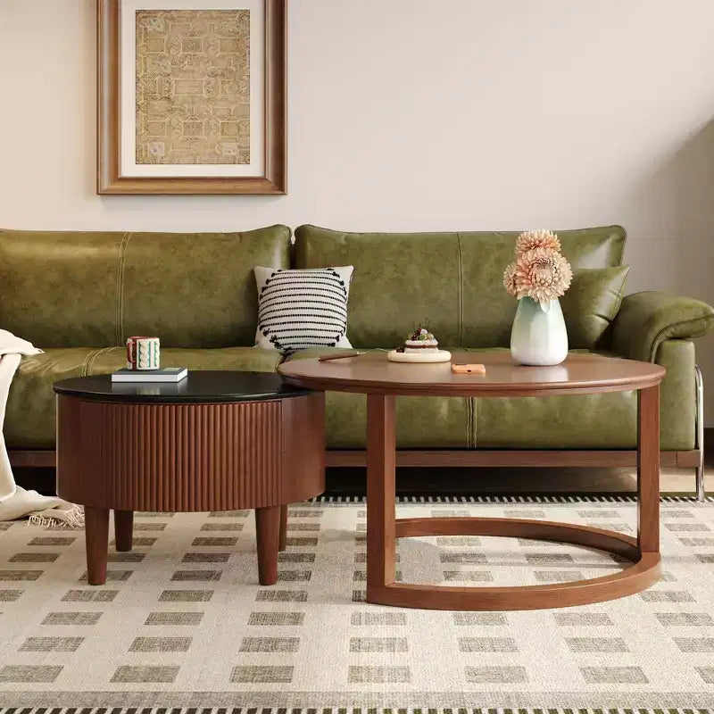 Round Nesting Coffee Table, Retro-Style with Grooves and Drawer, for Bedroom, Living Room, Dining Room
