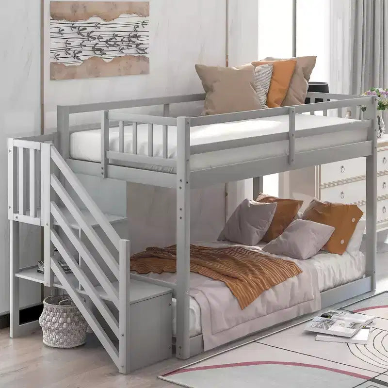 Twin over Twin Solid Wood Floor Bunk Bed with Storage Ladder and Safety Guardrail