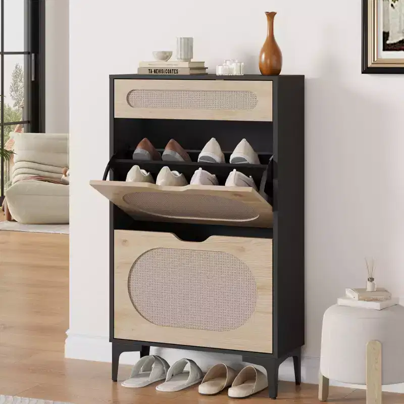 Rattan Shoe Cabinet with 2 Flip Drawers and 1 Pull-Out Drawer, Shoe Storage Cabinet, 3-Position Adjustable Shelf, Narrow Shoe Cabinet for Entryway