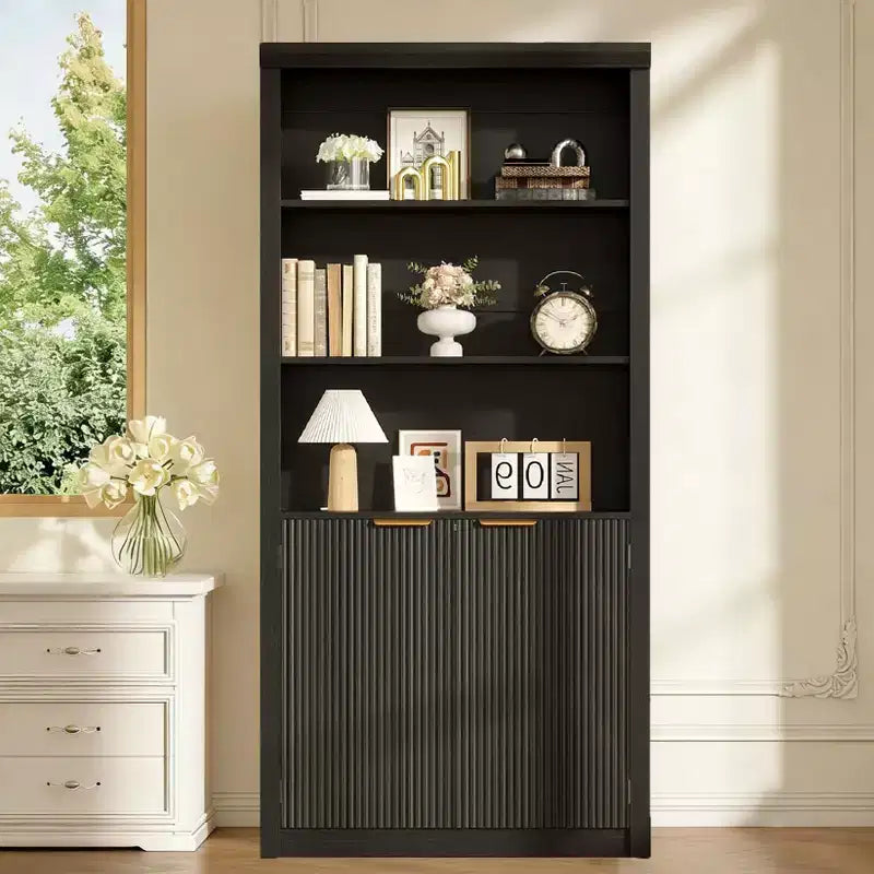 Wooden Bookcase with Doors, with Large Storage Cabinet, 5-Shelf Bookcases with Adjustable top Shelve for Home Office, Living Room