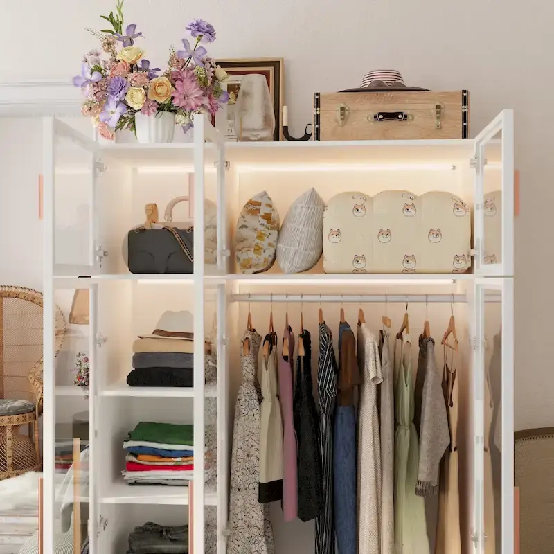 Armoire de rangement avec éclairage LED et portes entièrement vitrées, style dressing.