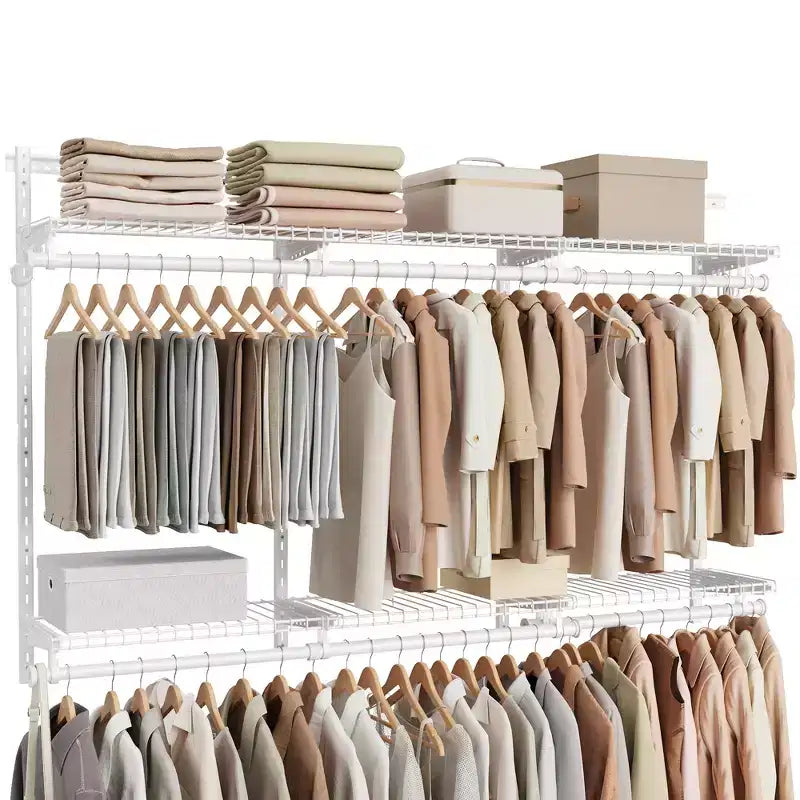 Adjustable Closet Organizer System - 4-8 ft Metal Shelving Unit with 6 Rods & 6 Shelves, 414 lb Capacity, Cloud White