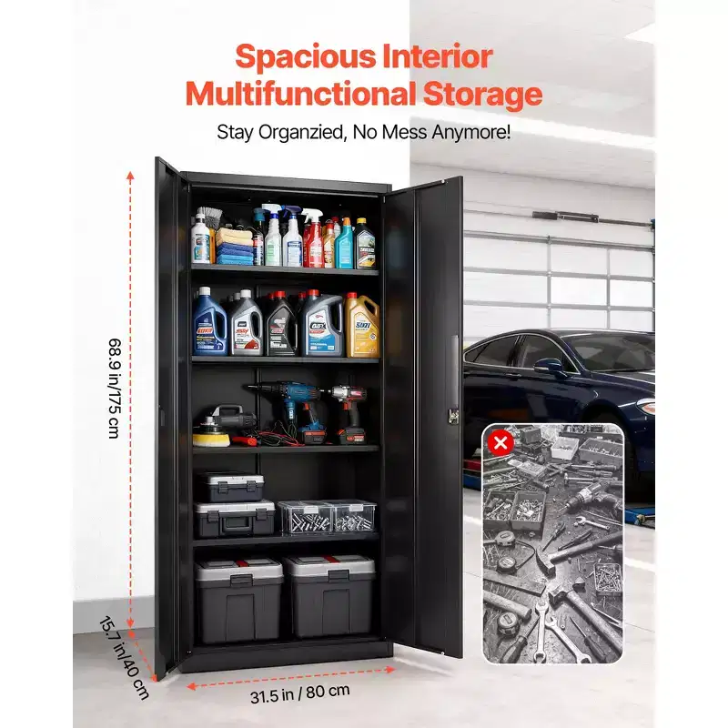 Armoire de rangement métallique VEVOR, 175 cm (68,9 po), armoire de garage verrouillable en acier avec 4 étagères réglables, 2 portes magnétiques, 2 clés, 5 niveaux de rangement pour outils, noire