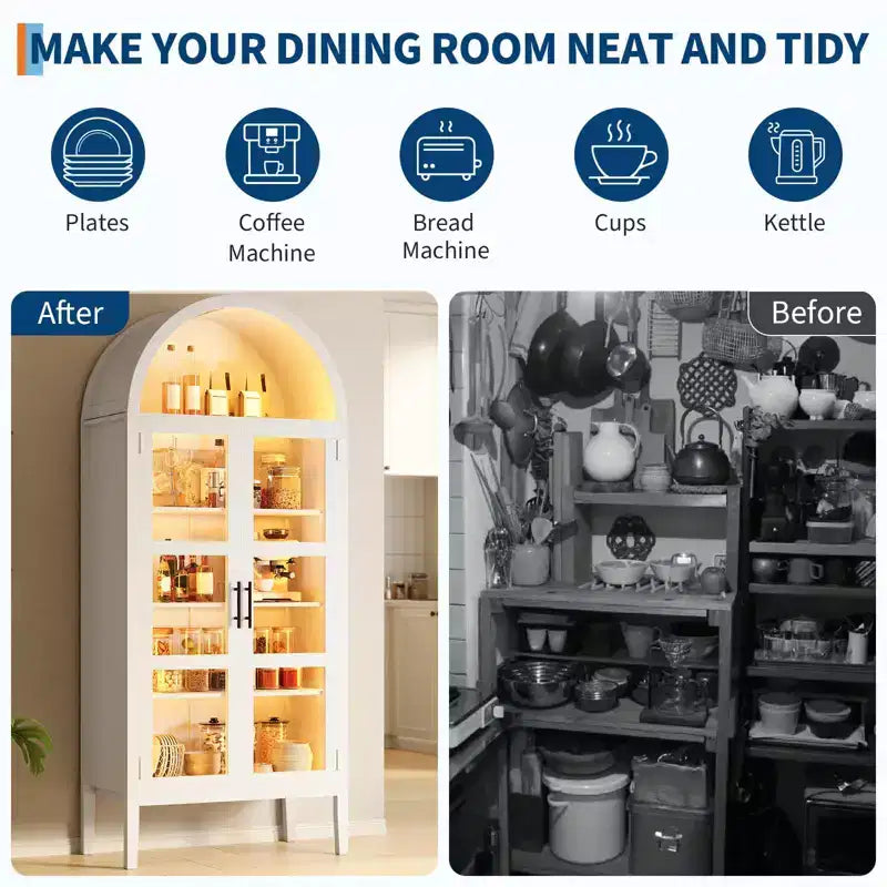 70 Tall Arched Kitchen Pantry Cabinet with LED Lights, Arched Bookshelf with Glass Doors & Adjustable Shelves,for Kitchen, Dining Room, Living Room