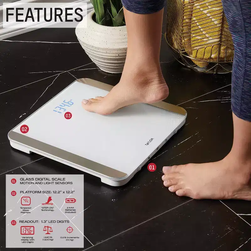 Taylor Precision Products Digital Motion Sensor Bathroom Scale, White, 440-Lb. Capacity