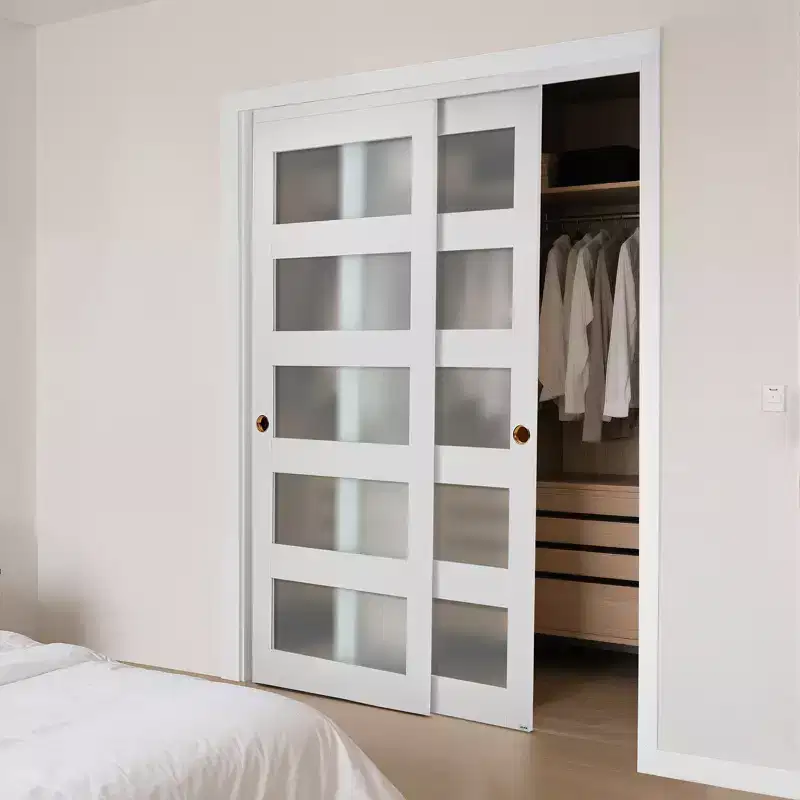 VEVOR Sliding Closet Door, 60 (Double 31) x 80, 5-Lite Frosted Glass Bypass Sliding Doors,Solid Wood & MDF Slab with Water-Proof PVC Surface,White