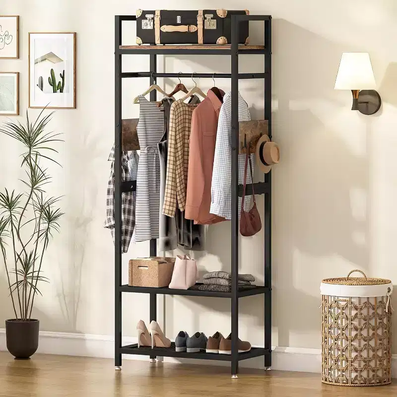 Lantine 69-inch Tall Heavy Duty Garment Rack: Freestanding Closet Organizer with Open Storage Shelves and Hooks, Brown & Black for Bedroom.