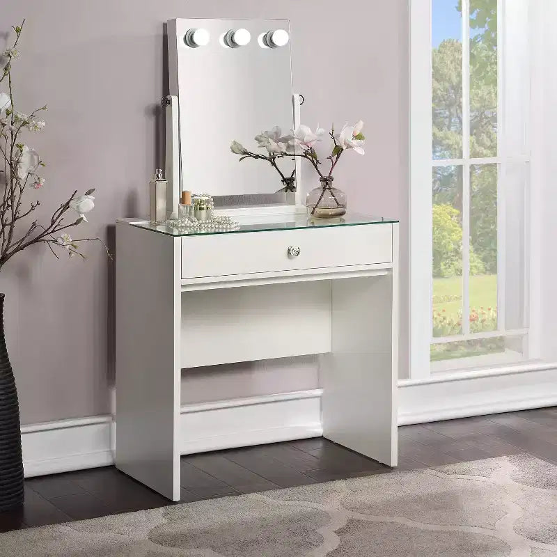 24/7 Shop At Home Frosthaven Makeup Vanity Table with Adjustable Mirror Set Luminous White: Integrated LED, Modern Design, 1 Drawer Storage