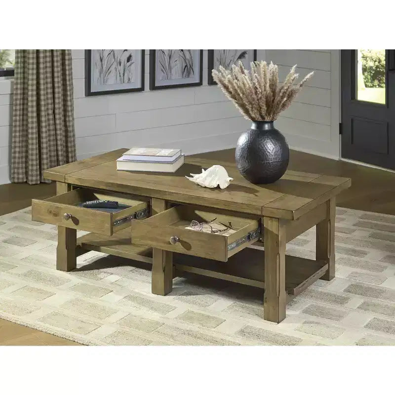 Signature Design by Ashley Vandenmore Rectangular Coffee Table, Farmhouse Storage Table with Drawers and Bottom Shelf, Medium Brown