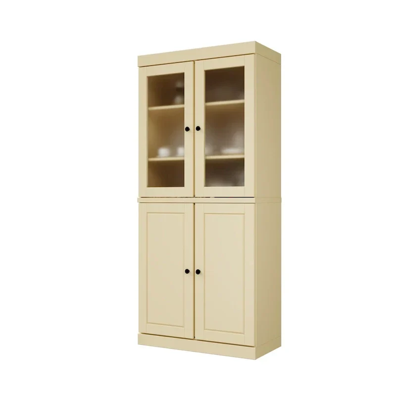 Armoire de rangement 100 % bois massif avec portes en verre dépoli, portes pleines, 2 tiroirs et étagères réglables.