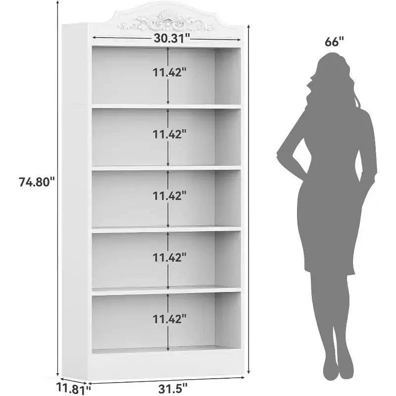 Lantine 5-Tier Bookcase with Storage, 73-Inch White Bookshelf, Modern Open Storage Shelf for Living Room, Bedroom, Home Office