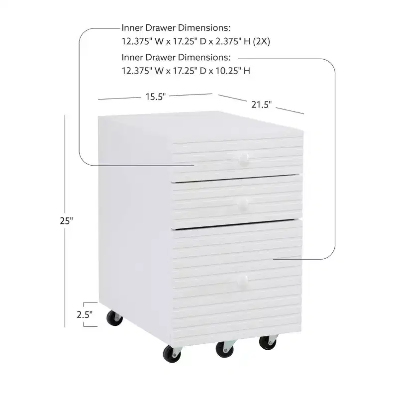 Wedeln 3 Drawer Rolling File Cabinet White Finish Wood - Powell: Mid-Century Modern, Veneer, Metal Hardware