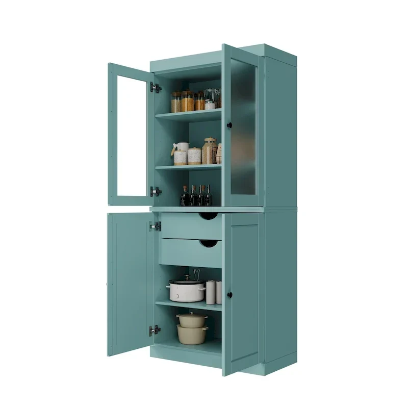 Armoire de rangement 100 % bois massif avec portes en verre dépoli, portes pleines, 2 tiroirs et étagères réglables.