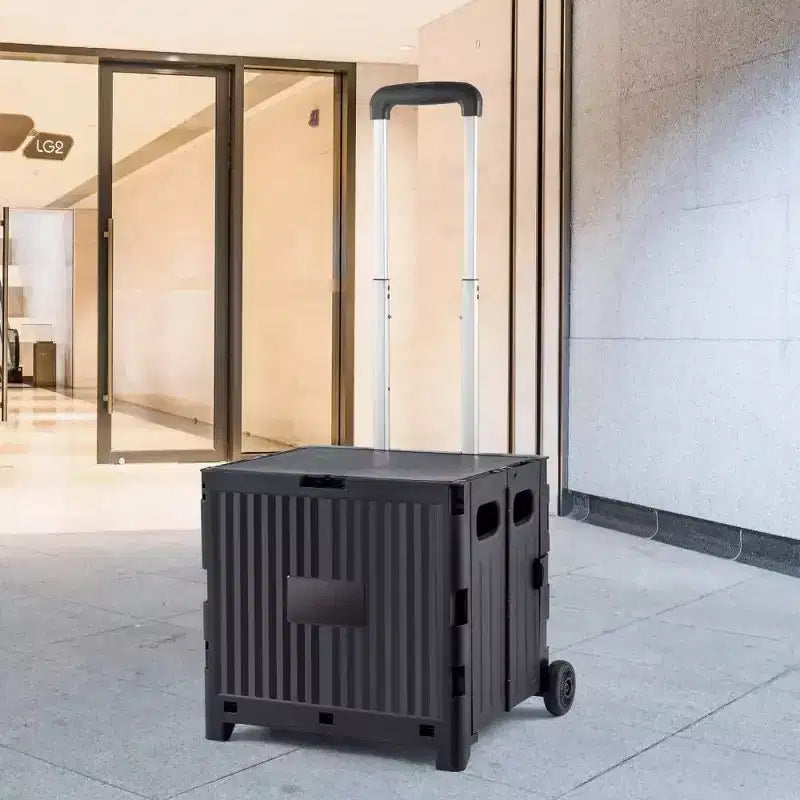 Foldable Utility Cart with Telescoping Handle, 80 lb Capacity Portable Rolling Crate Handcart for Travel, Shopping and Office Use, Black