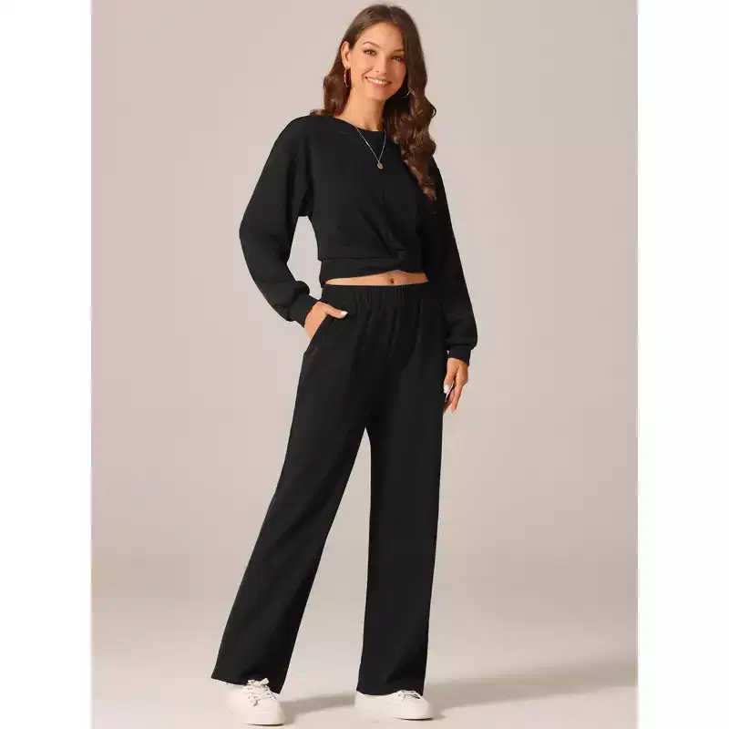 Seta T Women's Two Piece Outfits Front Cropped Sweatshirt and Wide Leg Sweatpant Tracksuit Lounge Set