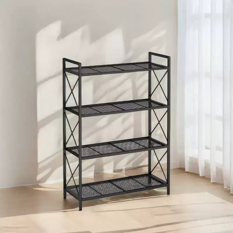 LEDREM Ink Black 4 - Tier Metal Storage Rack with X Side Frames and Dense Mesh, Sized 12.6 x 31.5 x 44.3 Inches. Ideal Industrial Style Shelving Unit