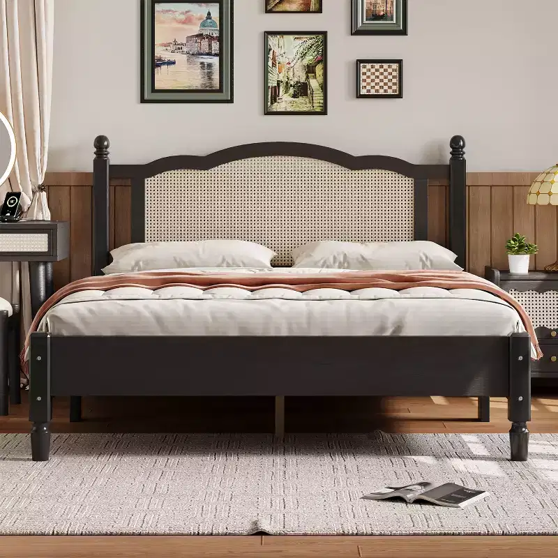 Queen Wooden Platform Bed with Natural Rattan Headboard, Vintage Bed Frame with Slat Support, Black